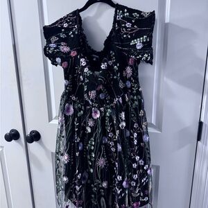 Smocked Bodice Off Shoulder Skater Dress- Black Lace